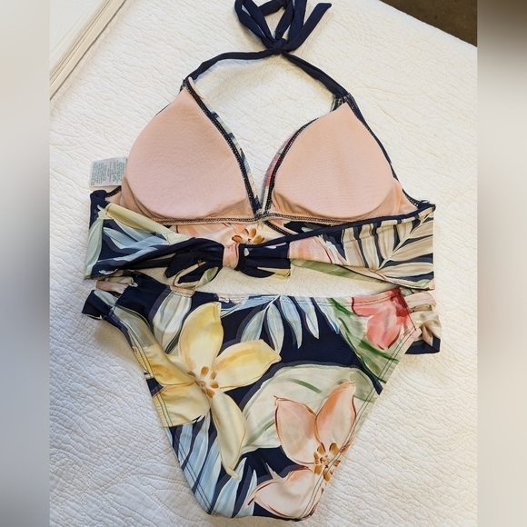 Kona Sol Navy Floral Wrap Front Bikini with Slit Side Bottoms - Picture 6 of 11